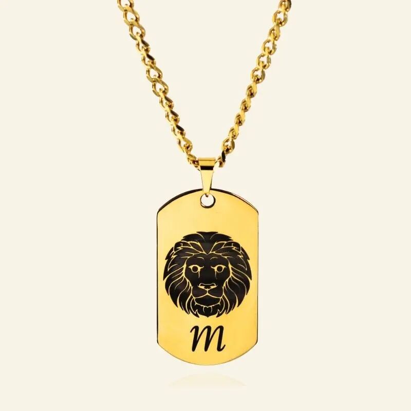 Collar de hombre con signo zodiacal, colgante de titanio grabado león, toro y iniciales propias