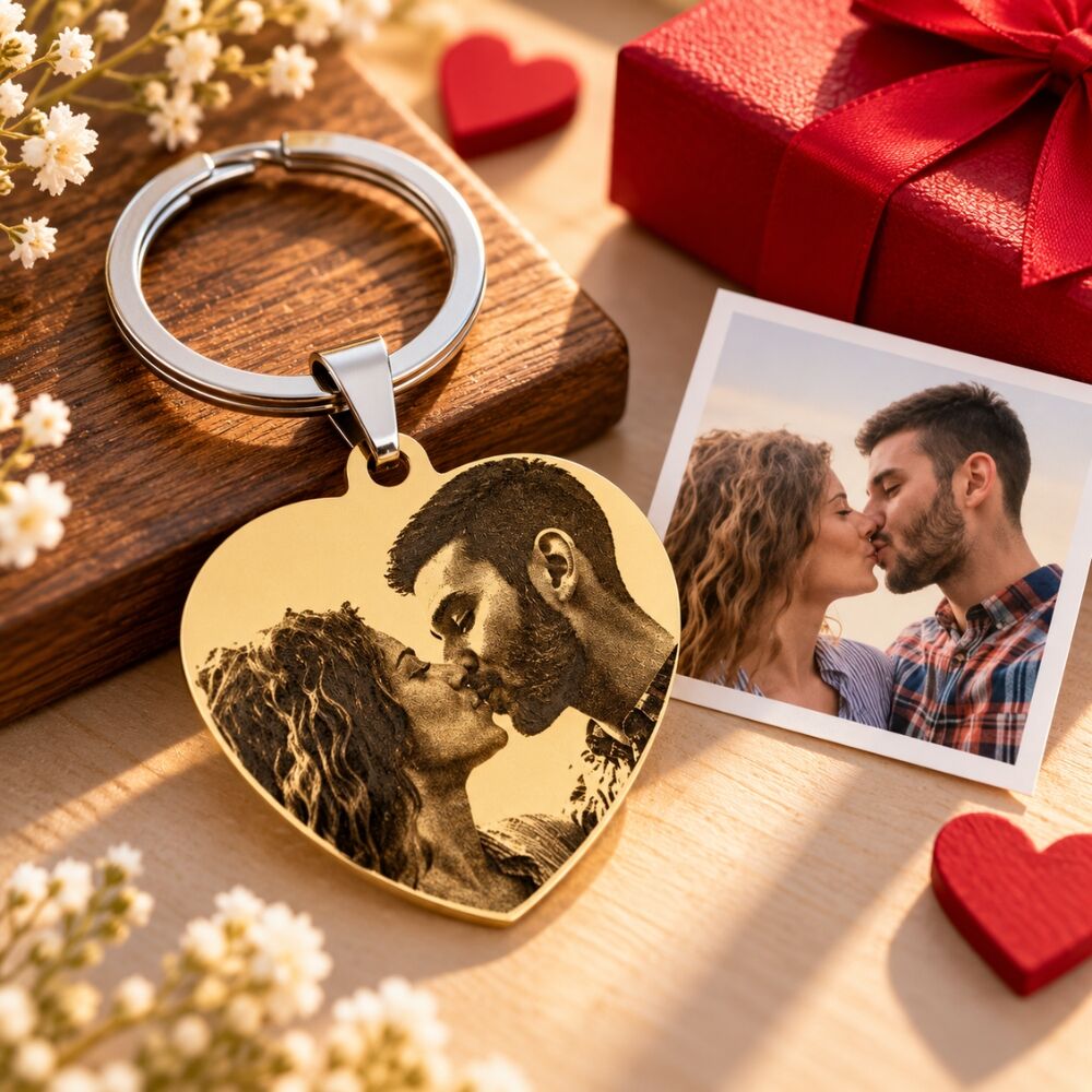 Sleutelhanger met foto en tekst gegraveerd Uniek cadeau zelf ontwerpen goud