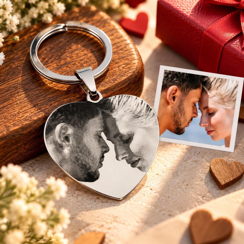 Sleutelhanger met foto en tekst gegraveerd Uniek cadeau zelf ontwerpen zilver