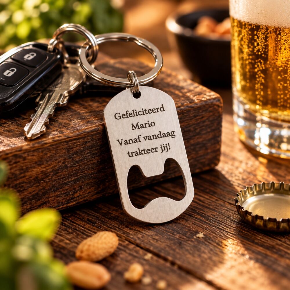 Keychain with engravable opener made of stainless steel – free engraving on 2 sides