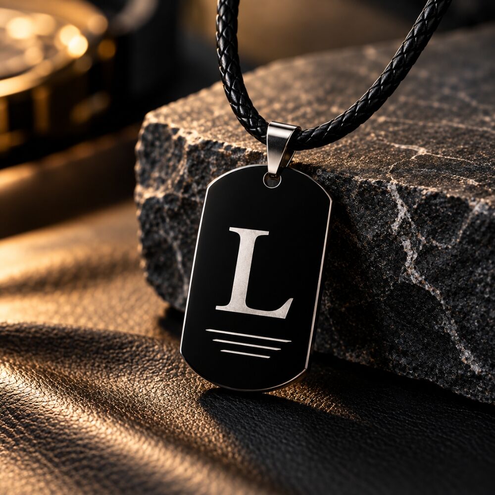 Leren heren ketting zwart Stoere graveerde zwarte hanger met letter datum of tekst