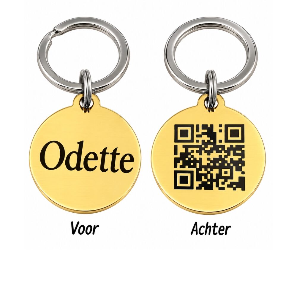 Dierenpenning QR code voor hond en kat graveren met naam goud