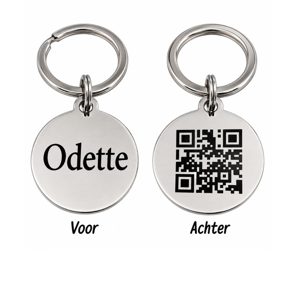 Dierenpenning QR code voor hond en kat graveren met naam zilver