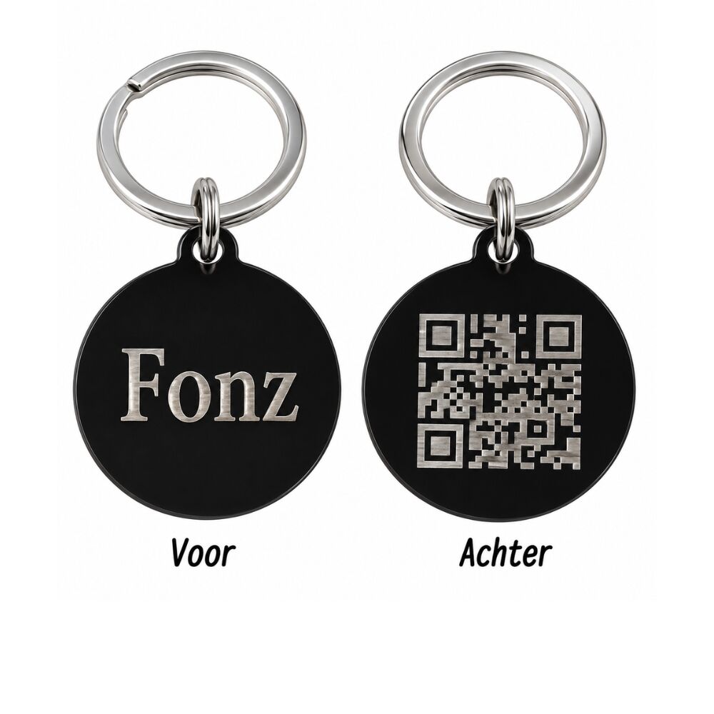 Dierenpenning QR code voor hond en kat graveren met naam zwart