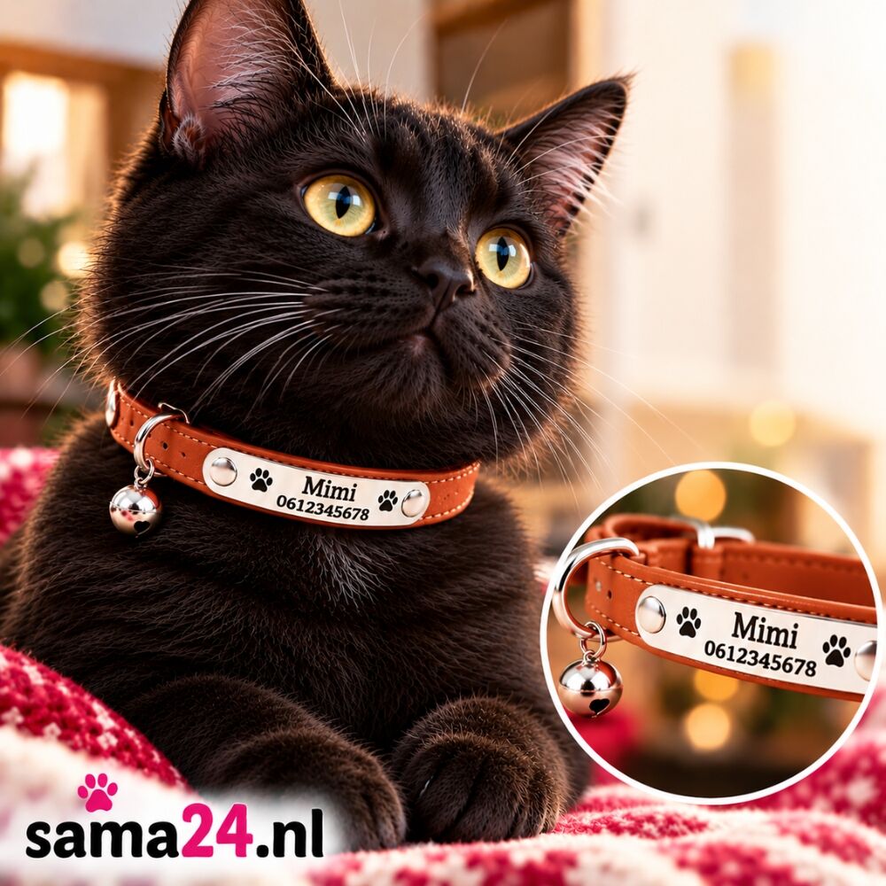 Kattenhalsband met naam, gepersonaliseerde halsbandjes voor katten of kitten telefoonnummer en belletje graveren Bruin