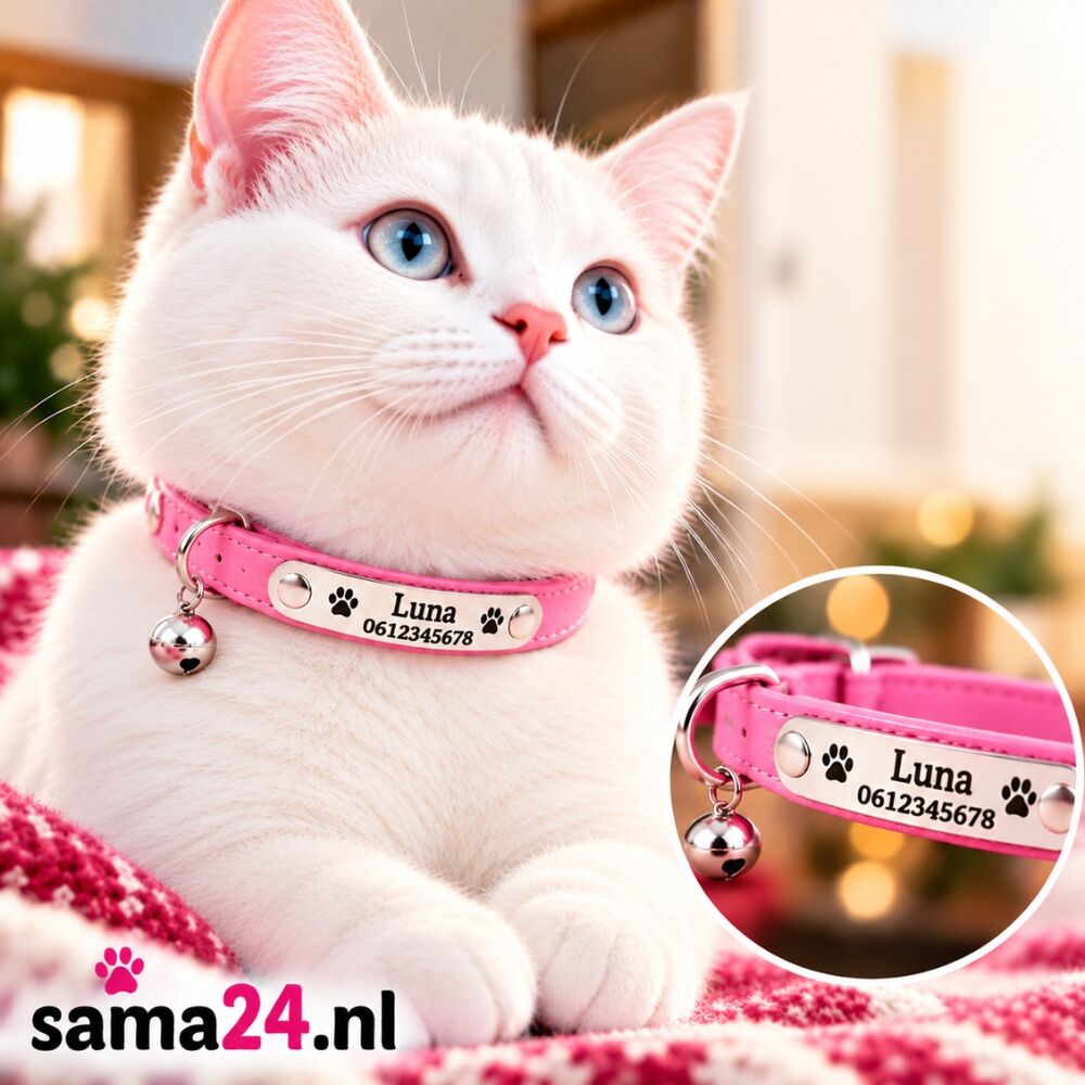 Kattenhalsband met naam, gepersonaliseerde halsbandjes voor katten of kitten telefoonnummer en belletje graveren Roze