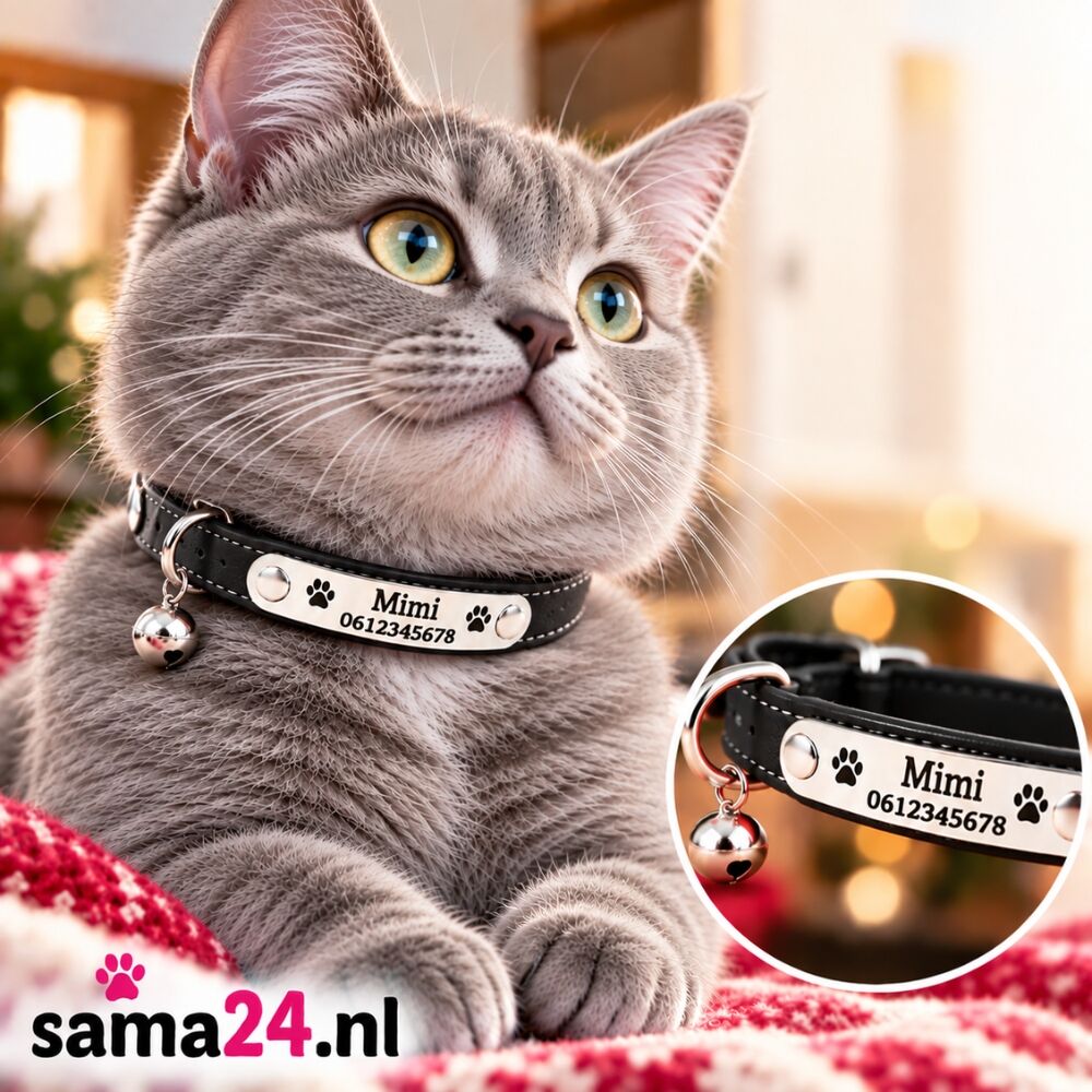 Kattenhalsband met naam, gepersonaliseerde halsbandjes voor katten of kitten telefoonnummer en belletje graveren Zwart