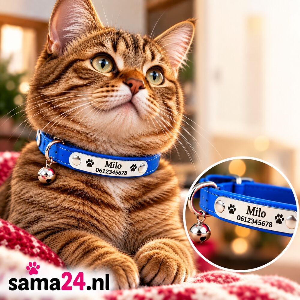 Kattenhalsband met naam, gepersonaliseerde halsbandjes voor katten of kitten telefoonnummer en belletje graveren blauw