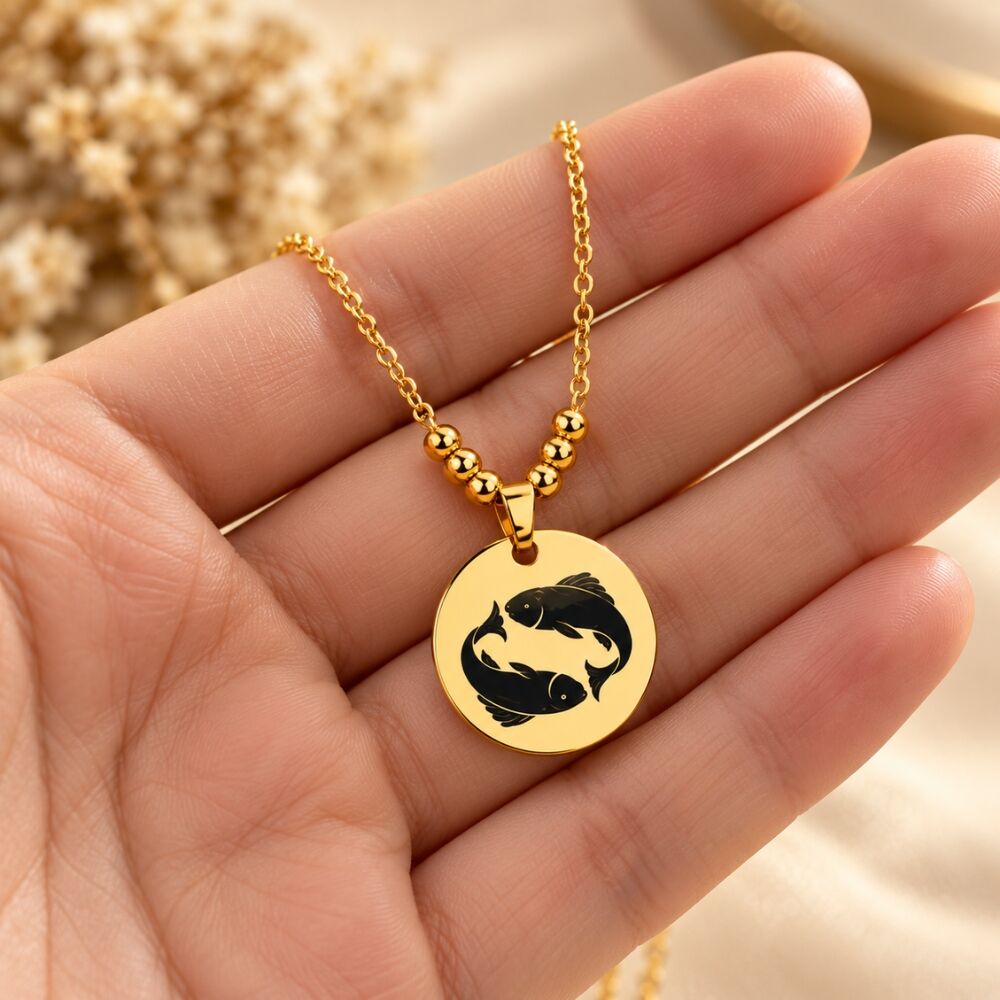Necklace with engraved titanium zodiac pendant