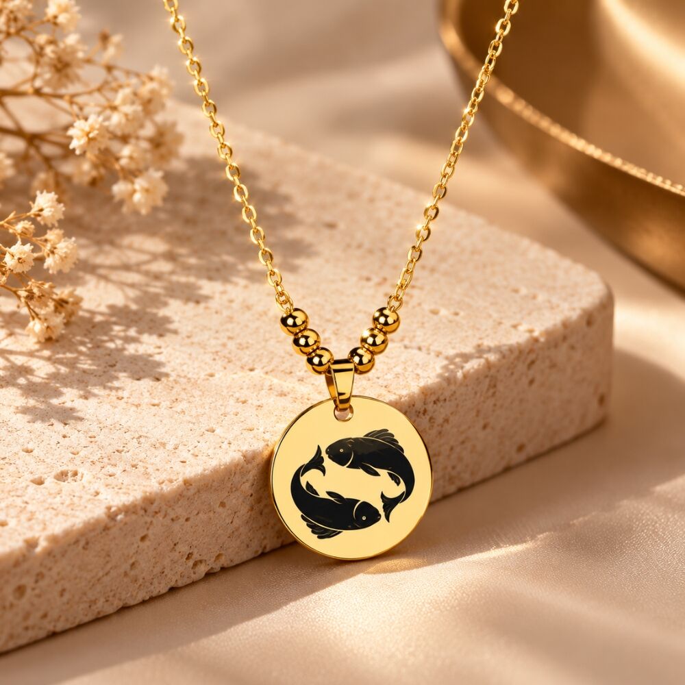 Necklace with engraved titanium zodiac pendant