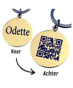 Dierenpenning QR code voor hond en kat graveren met naam en adres goud