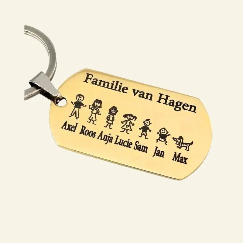 Graveren sleutelhanger Titanium met poppetjes, namen, datum en tekst goud kleurig