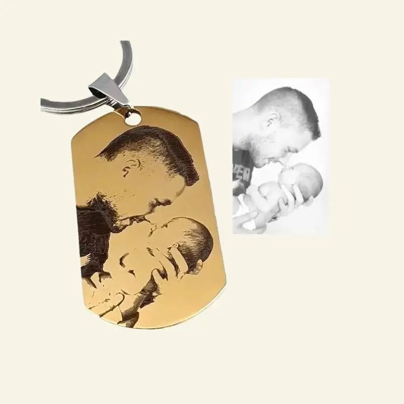 Gepersonaliseerde Sleutelhanger Liefde met graveerde foto en tekst Gepersonaliseerd ID tag goud
