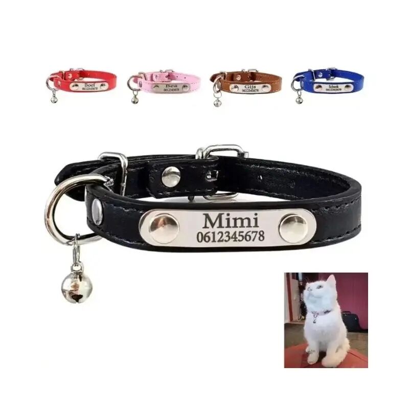 Kattenhalsband met naam, gepersonaliseerde halsbandjes voor katten of kitten telefoonnummer en belletje graveren zwart