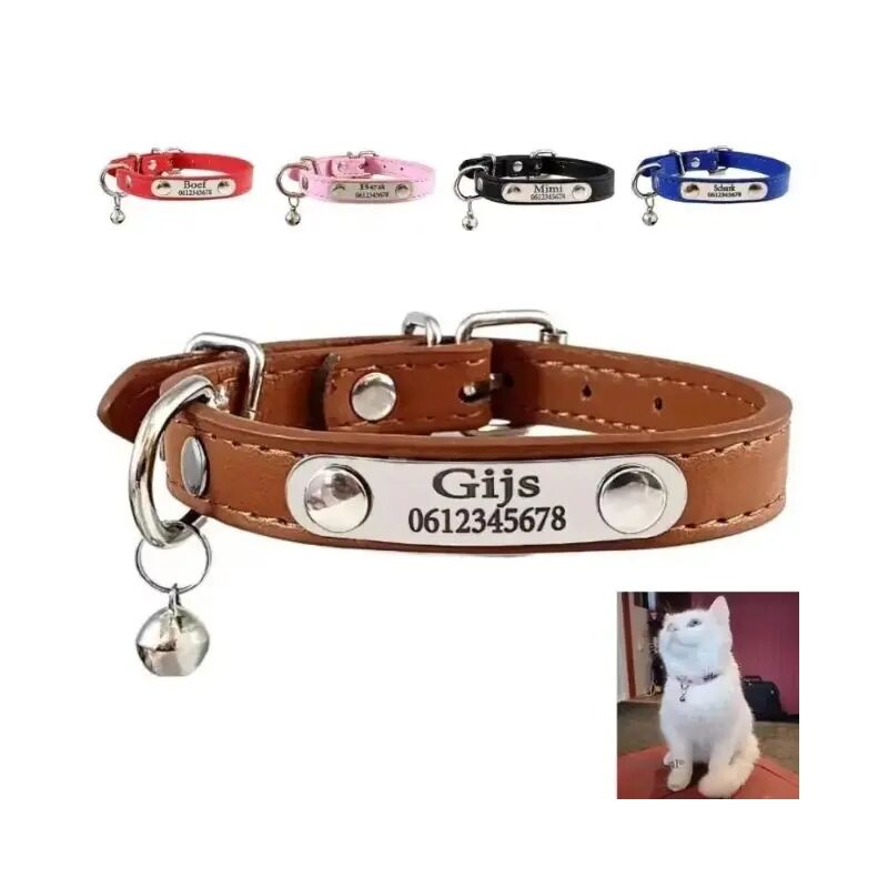 Kattenhalsband met naam, gepersonaliseerde halsbandjes voor katten of kitten telefoonnummer en belletje graveren bruin