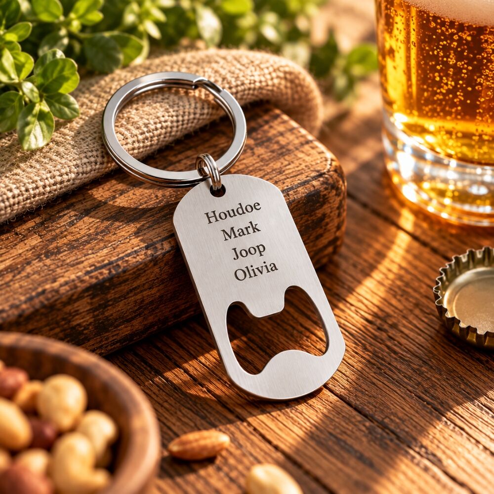 Persoonlijke sleutelhanger met flesopener als origineel kerstcadeau