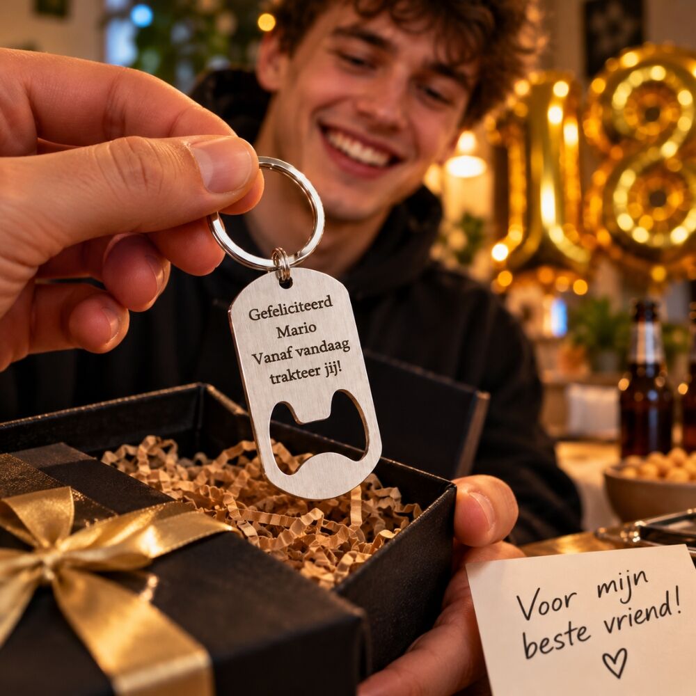 Sleutelhanger met flesopener als 18e verjaardagscadeau voor jongen