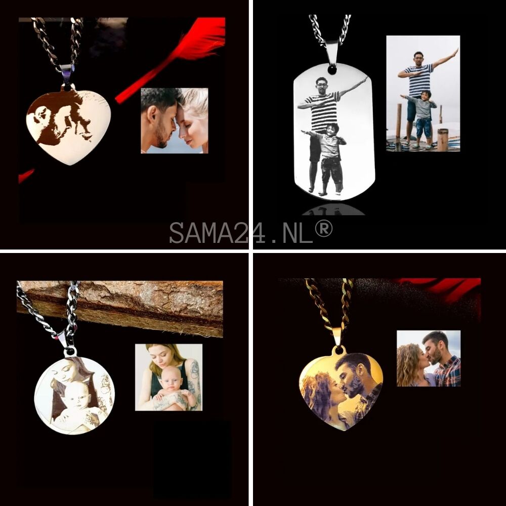Collier avec photo et texte à graver couleur or