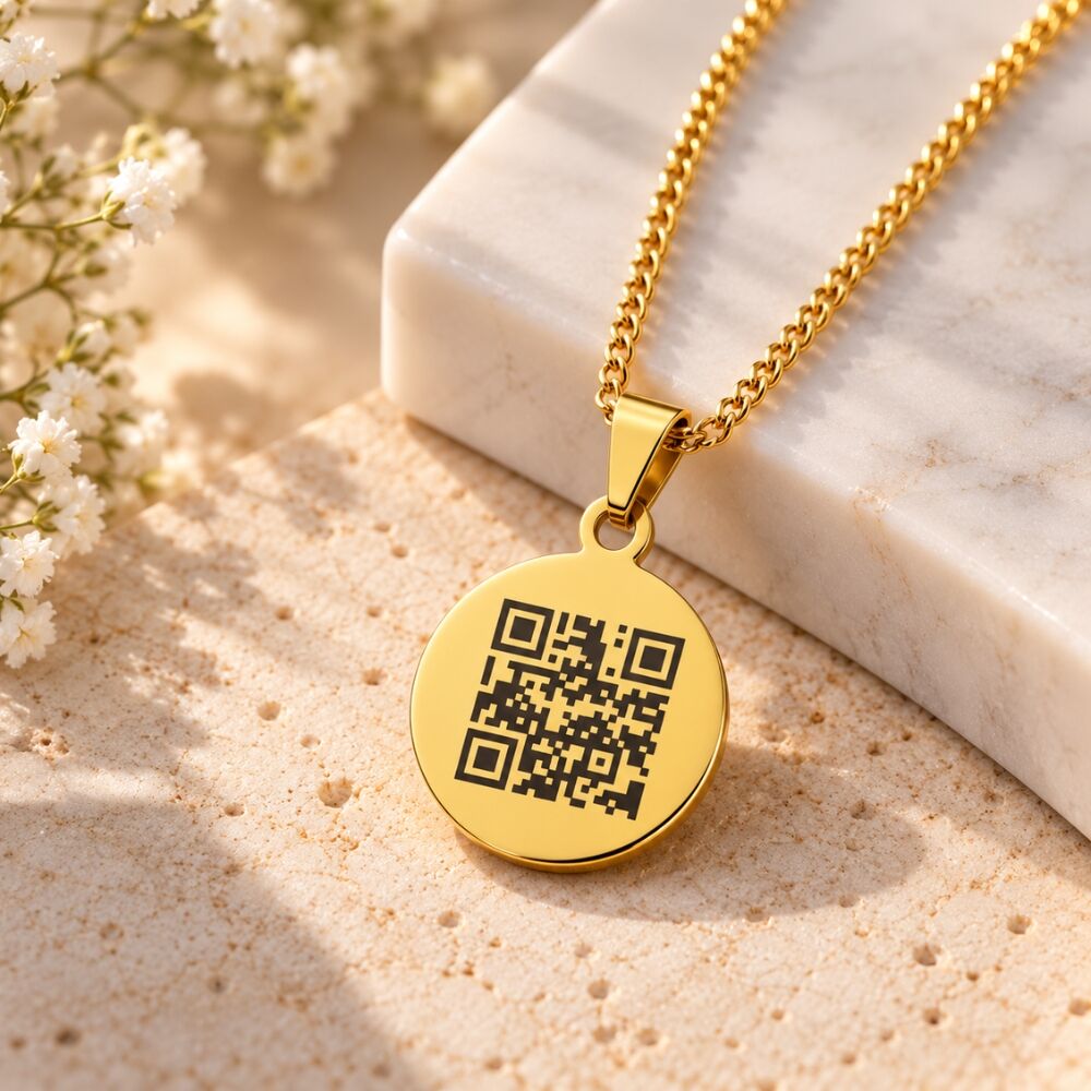 Collar grabable con código QR personal y colgante redondo en color dorado