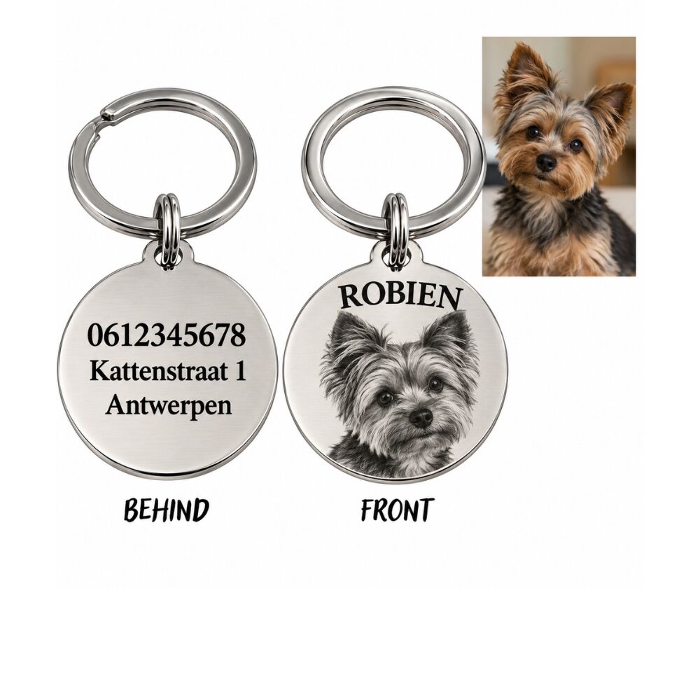 Placa de identificación para perro o gato con foto y nombre grabado plata