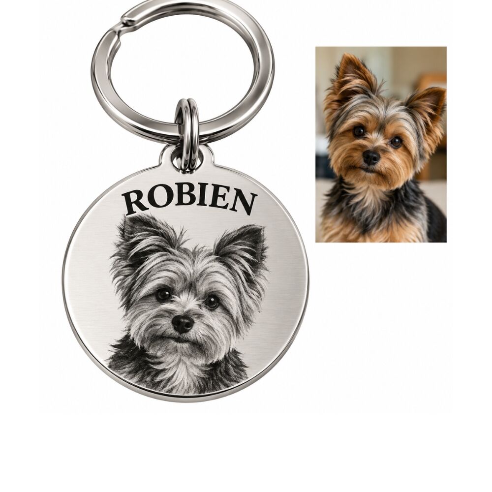 Placa de identificación para perro o gato con foto y nombre grabado color plata