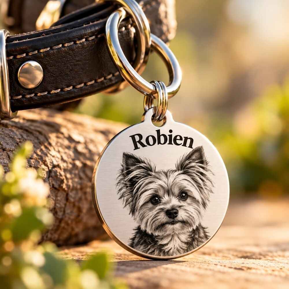 Placa de identificación para perro con foto de mascota grabada