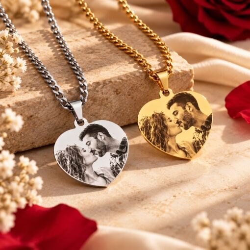 Collar fotográfico Collar fotográfico con corazón y foto grabada color plata