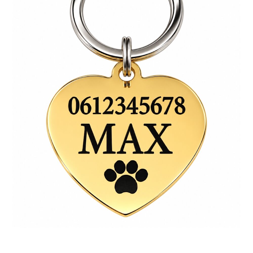 Placa de gato con nombre y placa de corazón para perro y gato grabados con nombre, dirección y número de teléfono dorados