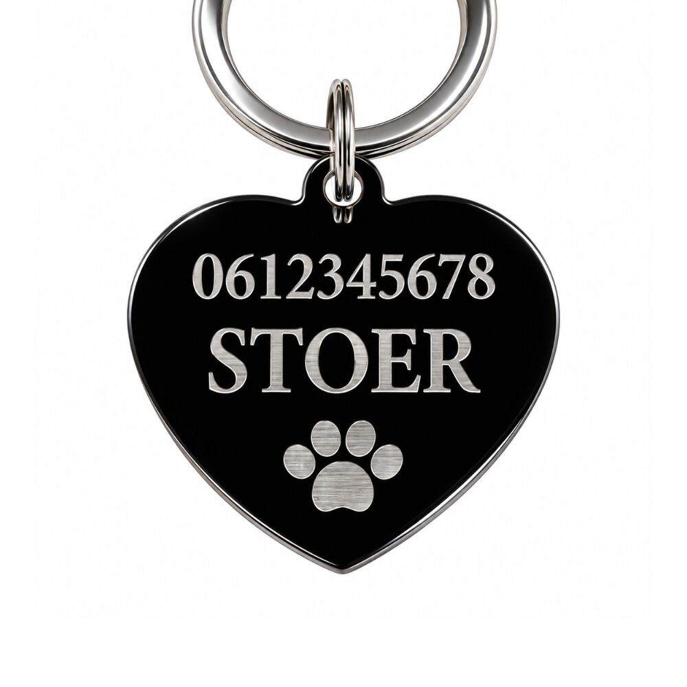 Placa de identificación con nombre, placa de corazón para perro y gato grabado con nombre, dirección y número de teléfono negros