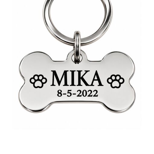 Hundemarke Knochen graviert für Hund mit Name, Adresse und Telefonnummer silber