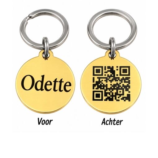 Código QR de etiqueta animal para grabado de perros y gatos con nombre dorado
