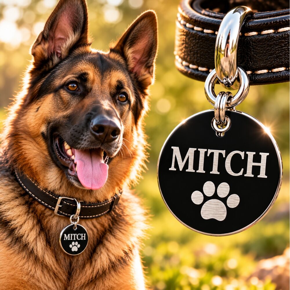 Placa de identificación para perro grabada con nombre placa grande
