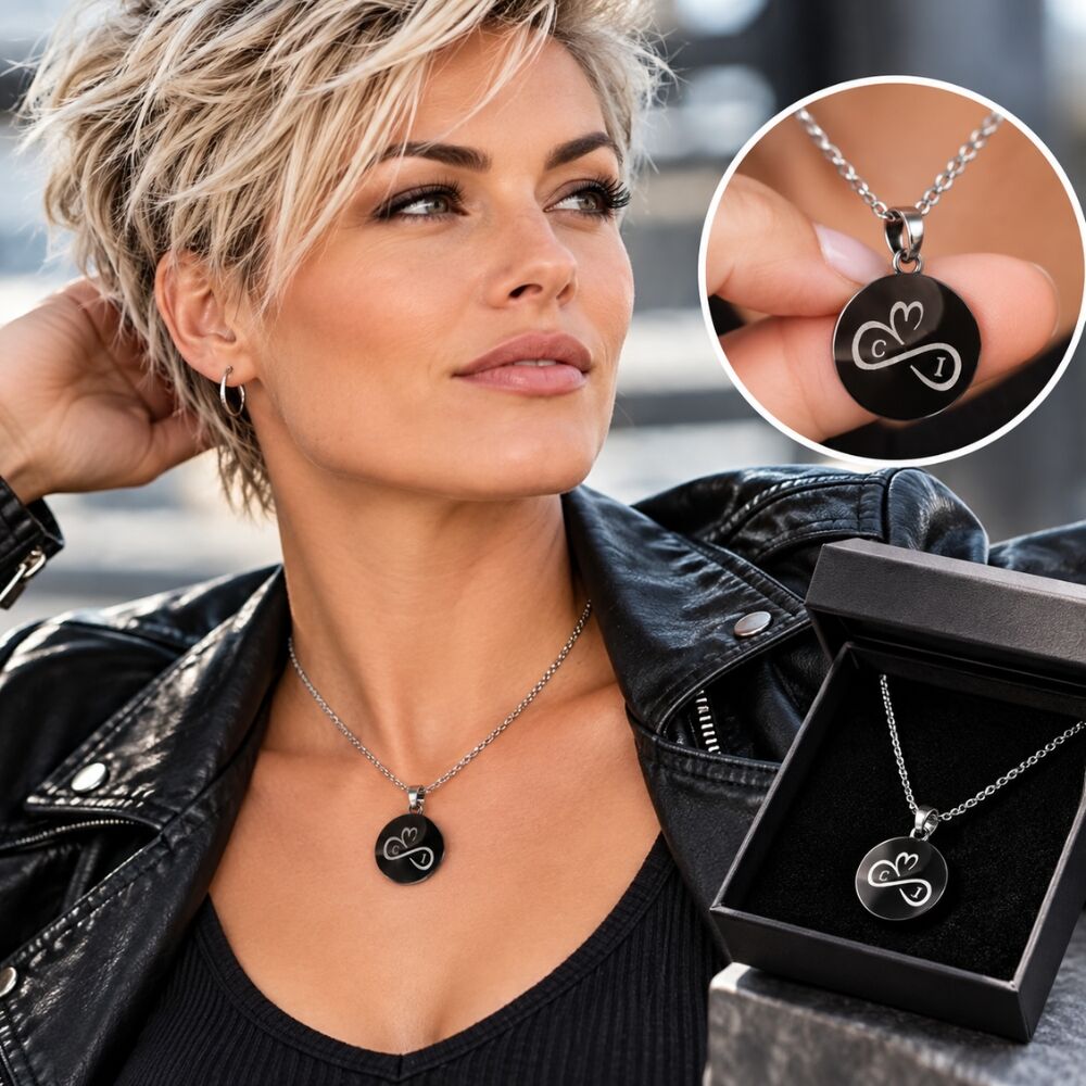 Collier avec 2 initiales noir pendentif unisexe noir avec chaîne argentée Gravure avec lettres deux initiales