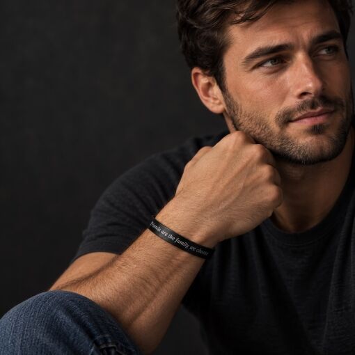 Hombres esclavos con pulseras de titanio con texto negro