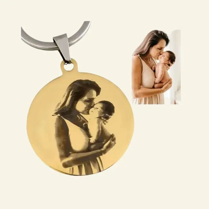 Engraved Photo Keychain with Photo and Text - Nice Gift for Mother - Silver