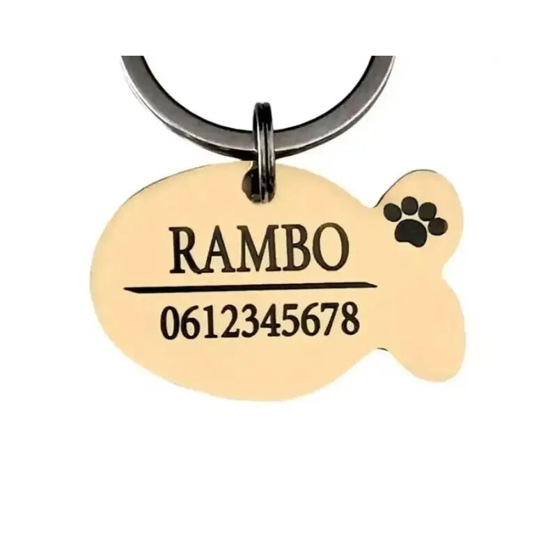 Pide placa animal para perro y gato con nombre y número de teléfono grabados en dorado
