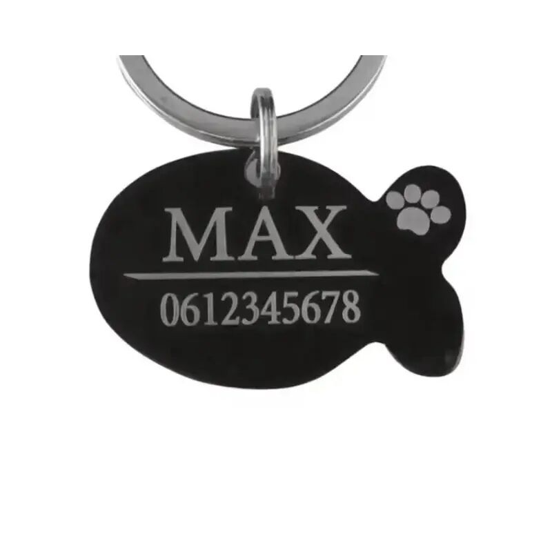 Pide etiqueta animal para perro y gato con nombre y número de teléfono grabados en negro