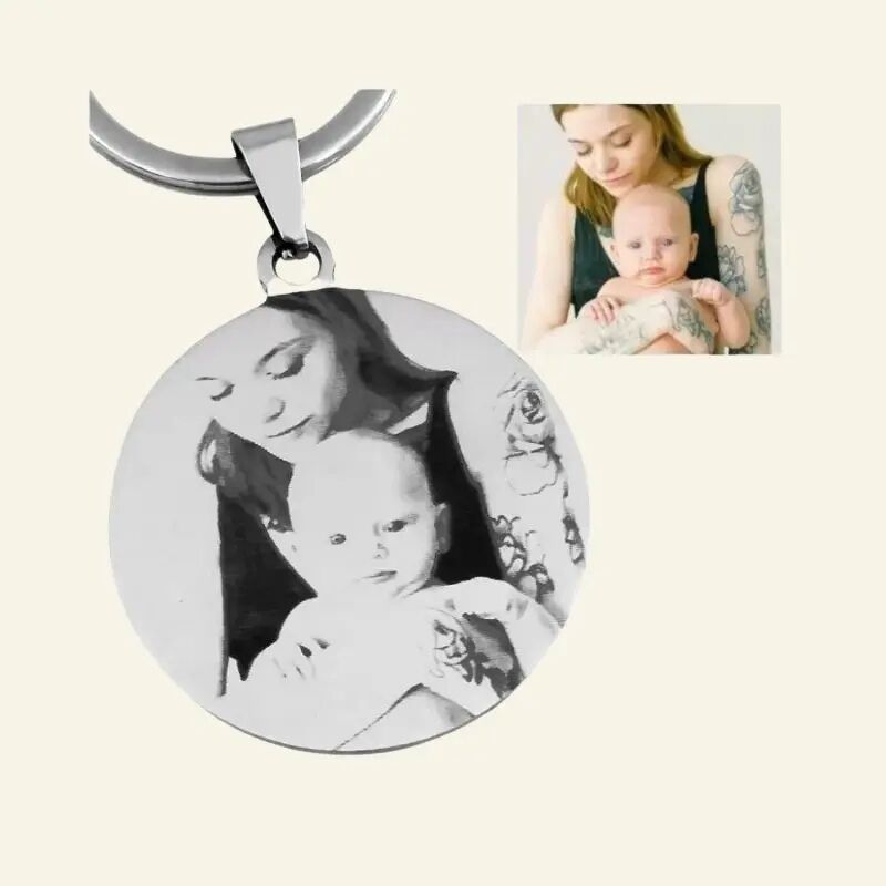 Engraved Photo Keychain with Photo and Text - Nice Gift for Mother - Silver