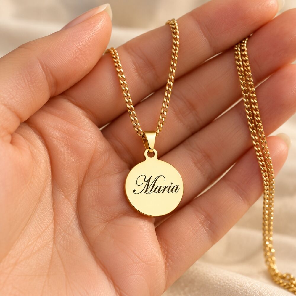 Hanger met naam graveren goud kleur vriend, vriendin kind ronde hanger met ketting