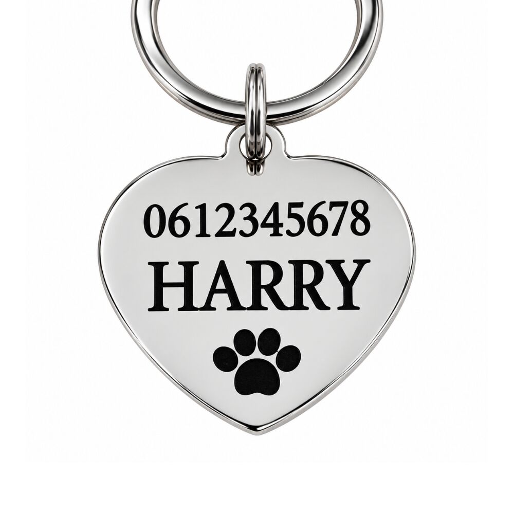 Kattenpenning met naam hartje penning voor hond en kat graveren met naam, adres en telefoonnummer zilver