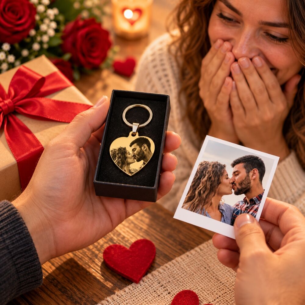 Sleutelhanger met foto en tekst gegraveerd Uniek cadeau zelf ontwerpen goud kleur