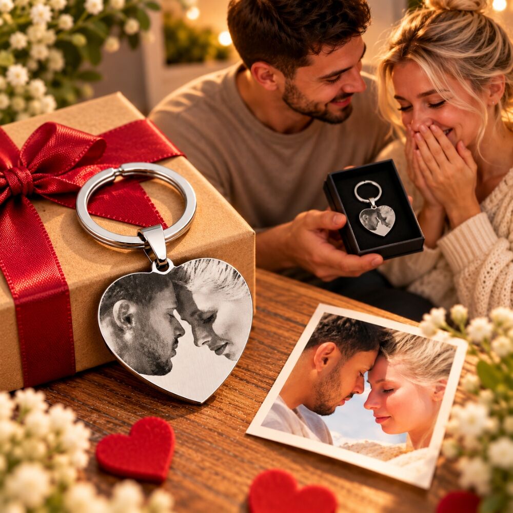 Sleutelhanger met foto en tekst gegraveerd Uniek cadeau zelf ontwerpen zilver kleur