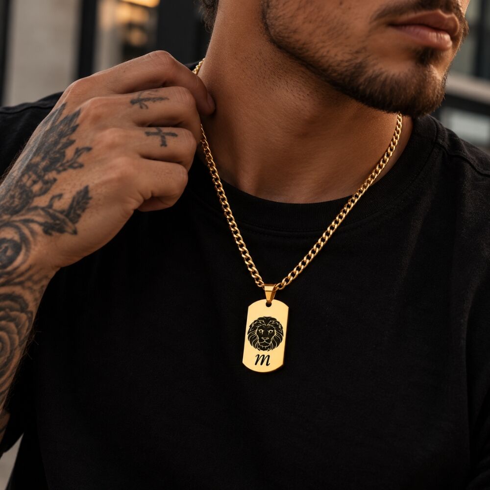 Heren ketting met sterrenbeeld Titanium hanger graveerd leeuw stier en eigen initialen
