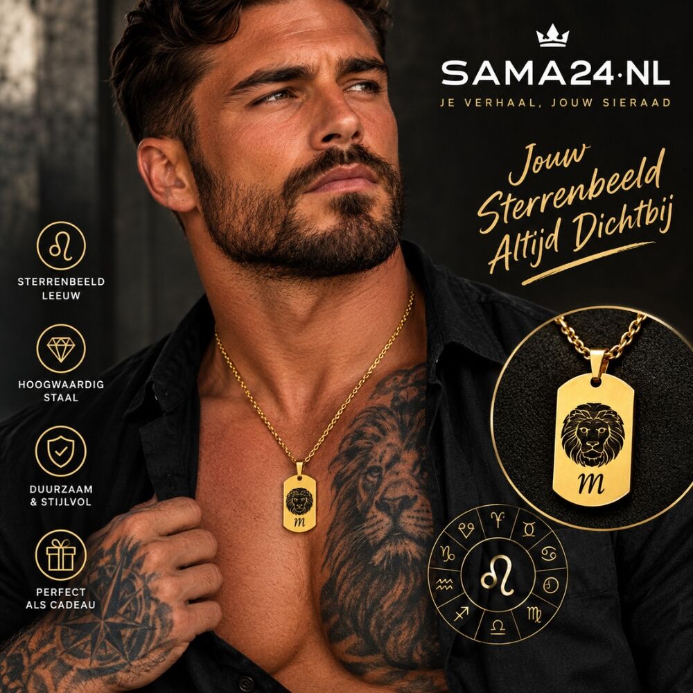 Heren ketting met sterrenbeeld Titanium hanger graveren leeuw stier en eigen initialen