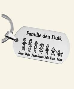 Graveren sleutelhanger Titanium met poppetjes, namen, datum en tekst voor een bijzonder cadeau