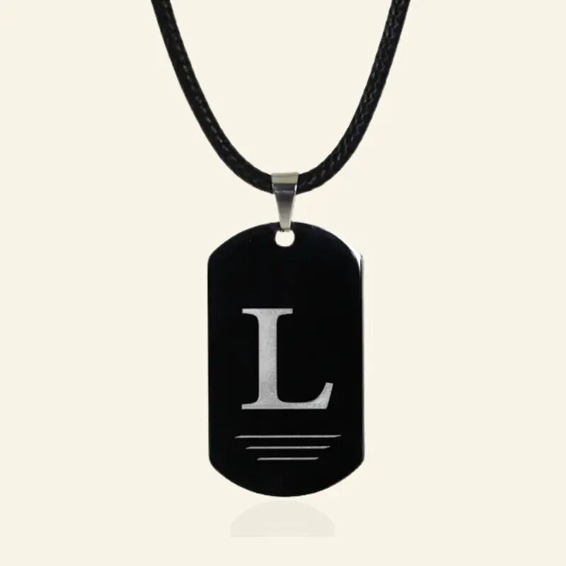Chaîne en cuir noir pour homme Pendentif noir élégant gravé avec lettre date ou texte