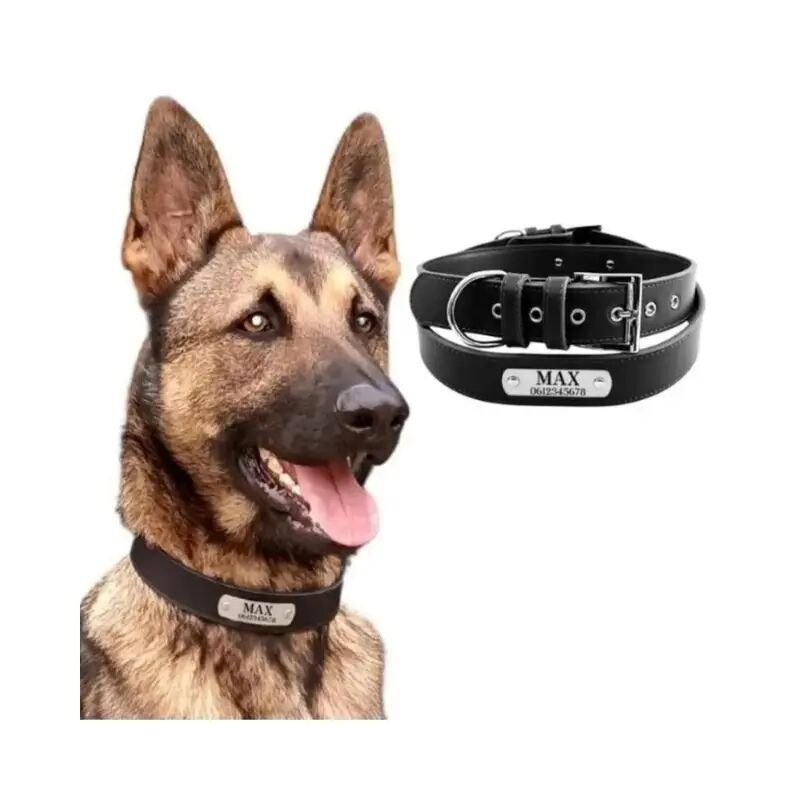 Personalized Leather Dog Collar with Engraved Name Black