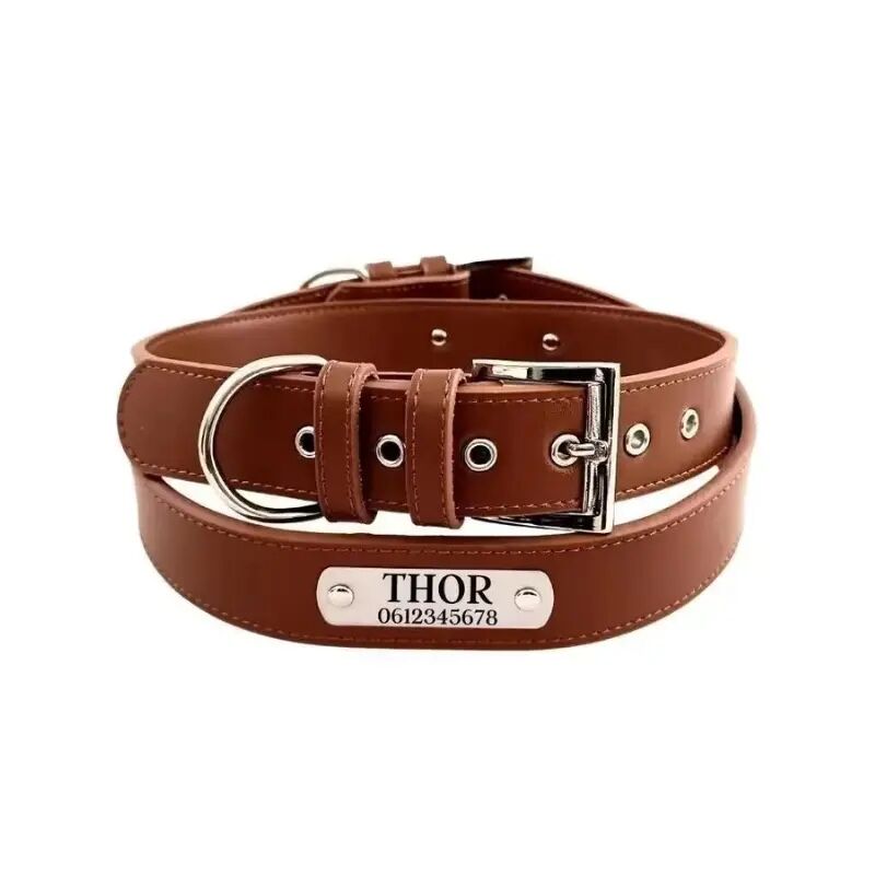 Leather Dog Collar with Engraved Name Brown