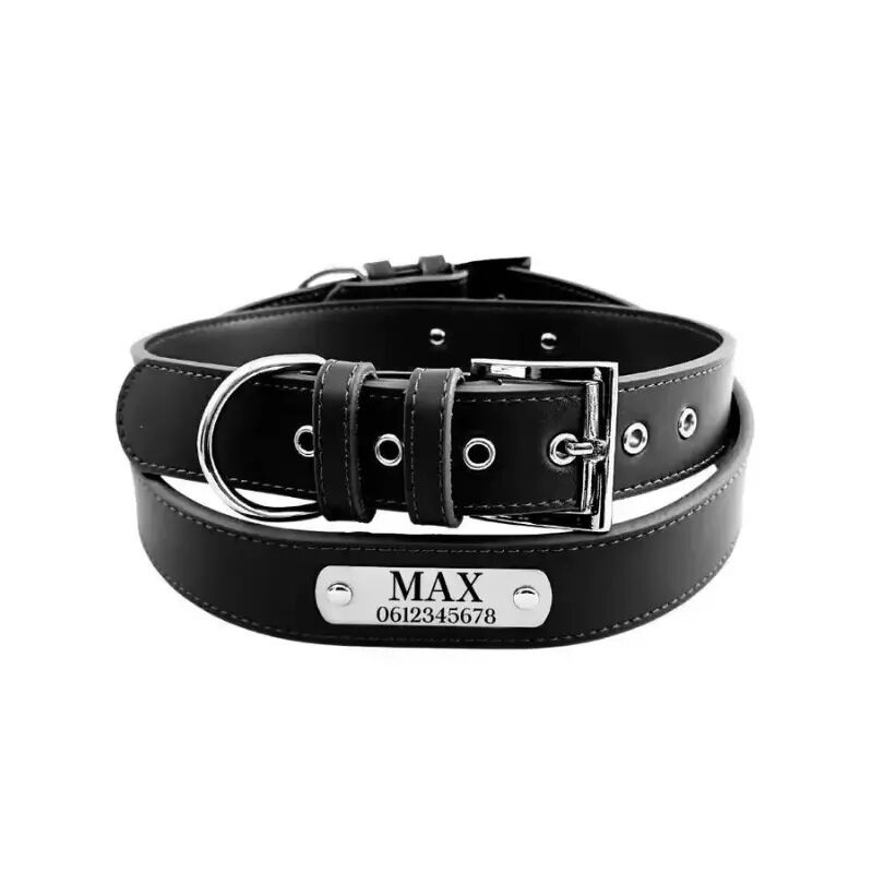 Personalized Leather Dog Collar with Engraved Name Black