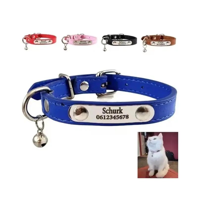 Kattenhalsband met naam, gepersonaliseerde halsbandjes voor katten of kitten telefoonnummer en belletje graveren blauw